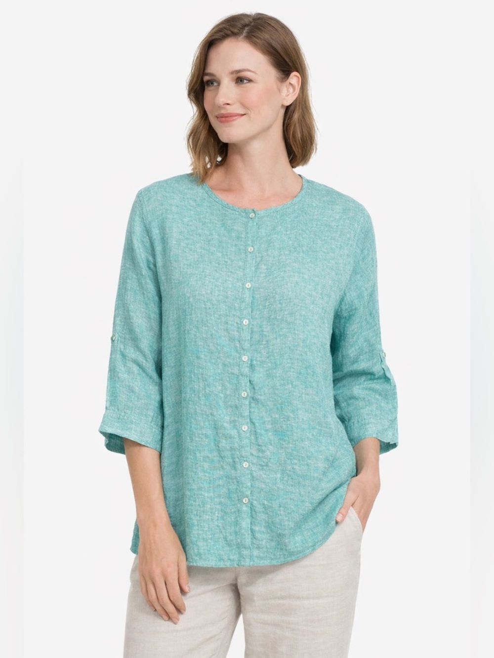 Tahari 100% Linen Button Front Shirt 3X NWT Green Tab Sleeve Blouse Lightweight